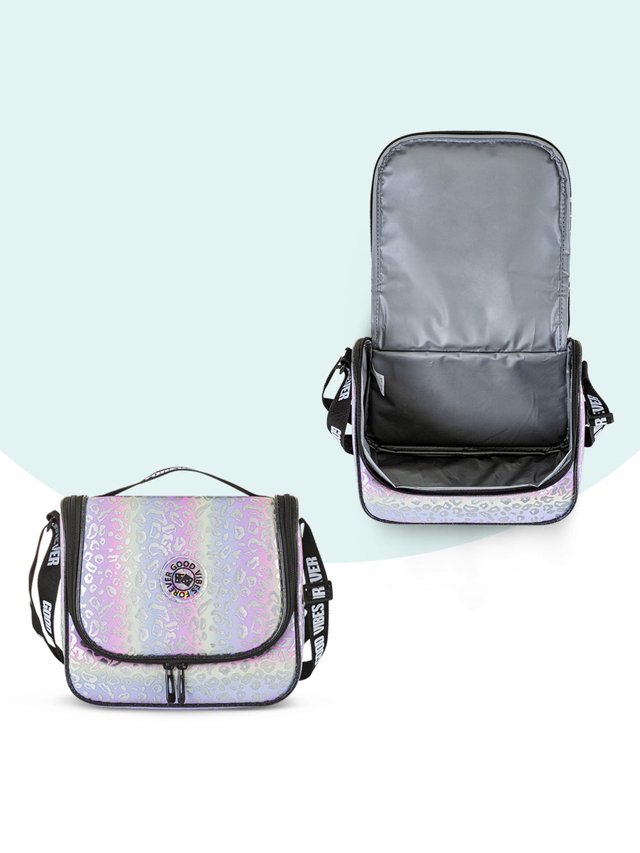 17-Inch School Bag Set of 3 - 4 Wheel Trolley, Lunch Bag and Pencil Case - Good Vibes - Silver