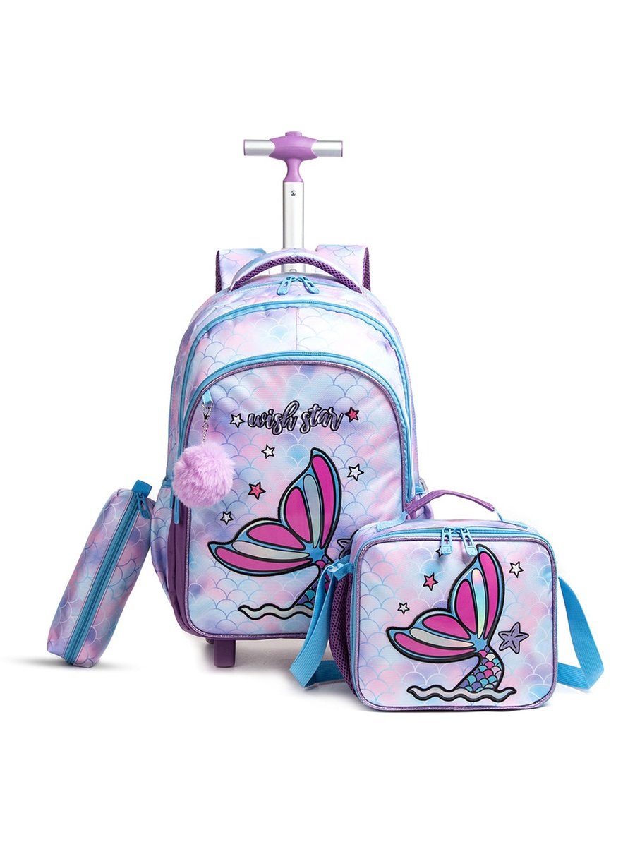 18Inch Set of 4- Trolley School Bag with Bento Lunch Box, Lunch Bag and Pencil Case - Mermaid Purple