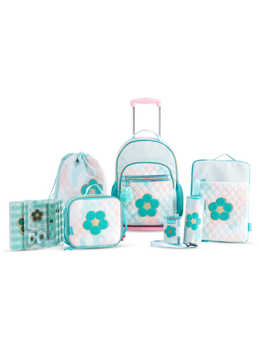 18-Inch Set of 9 Backpack, 4-Wheel Trolley, Lunch Bag and Pencil Case - Flora Green