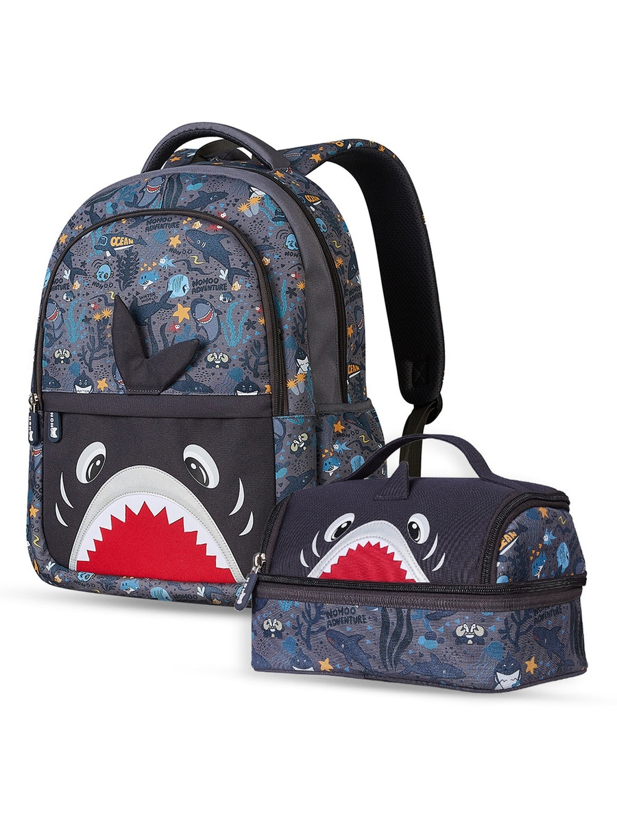 Kids 16 Inch School Bag with Lunch Bag Combo Shark - Grey