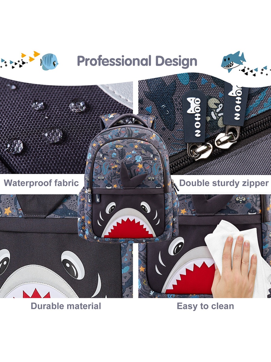 Kids 16 Inch School Bag with Lunch Bag Combo Shark - Grey