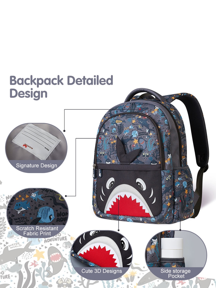Kids 16 Inch School Bag with Lunch Bag Combo Shark - Grey