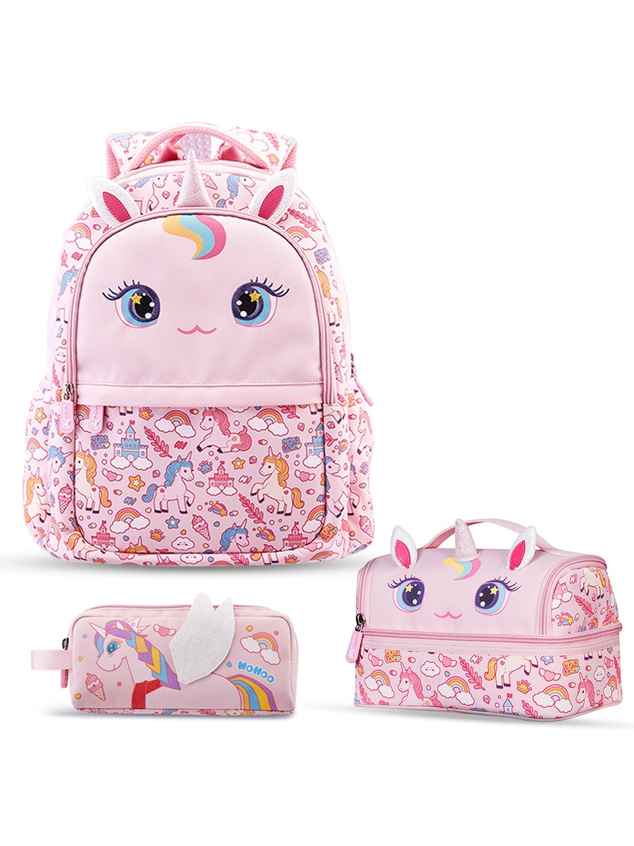 Set of 3 -Kids 16 Inch School Bag with Lunch Bag and Pencil Case, Unicorn - Pink