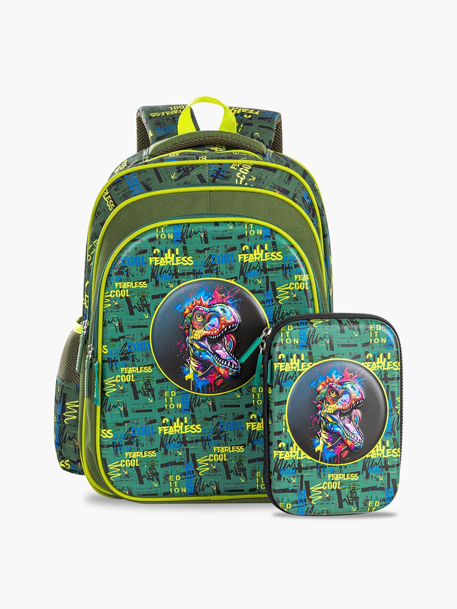 School Bag Pencil Case 16-inch - Dino Green
