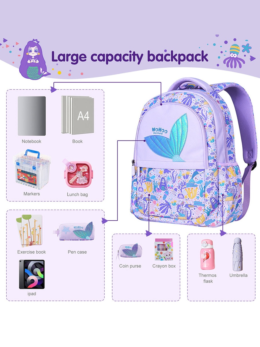 Girls 16-Inch School Bag Mermaid - Purple