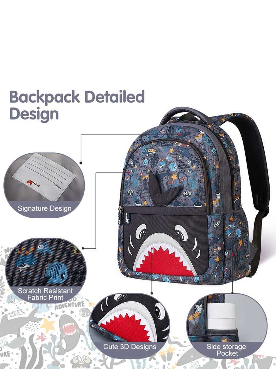 Kids 16 Inch School Bag Shark - Grey