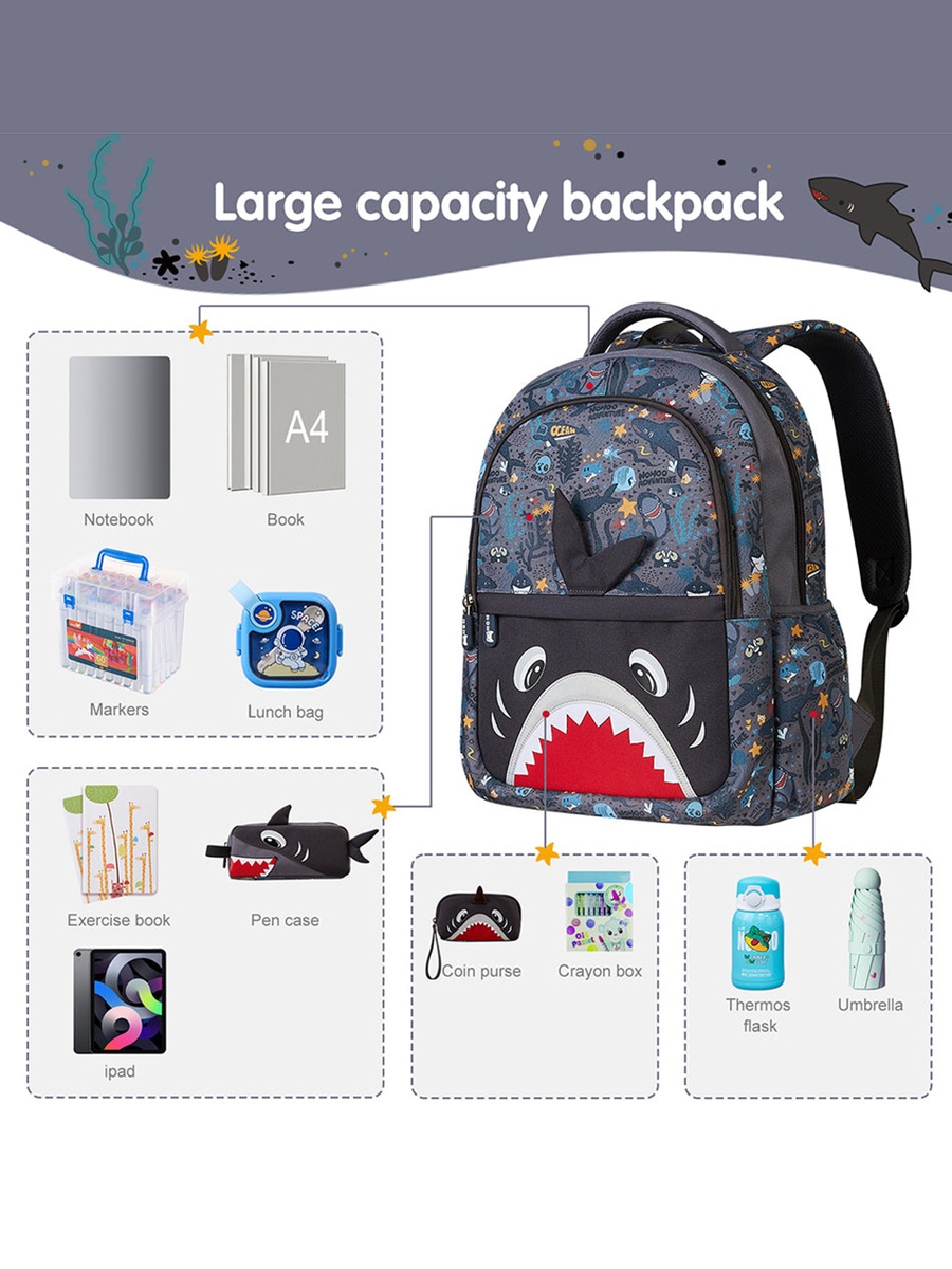 Kids 16 Inch School Bag Shark - Grey