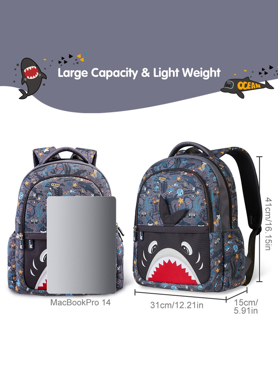 Kids 16 Inch School Bag Shark - Grey