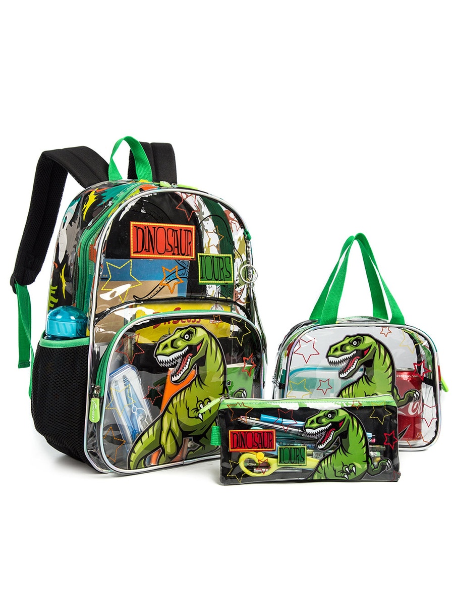 17-Inch Set of 3-School Bag with Lunch Bag and Pencil Case Dinosaur - Black