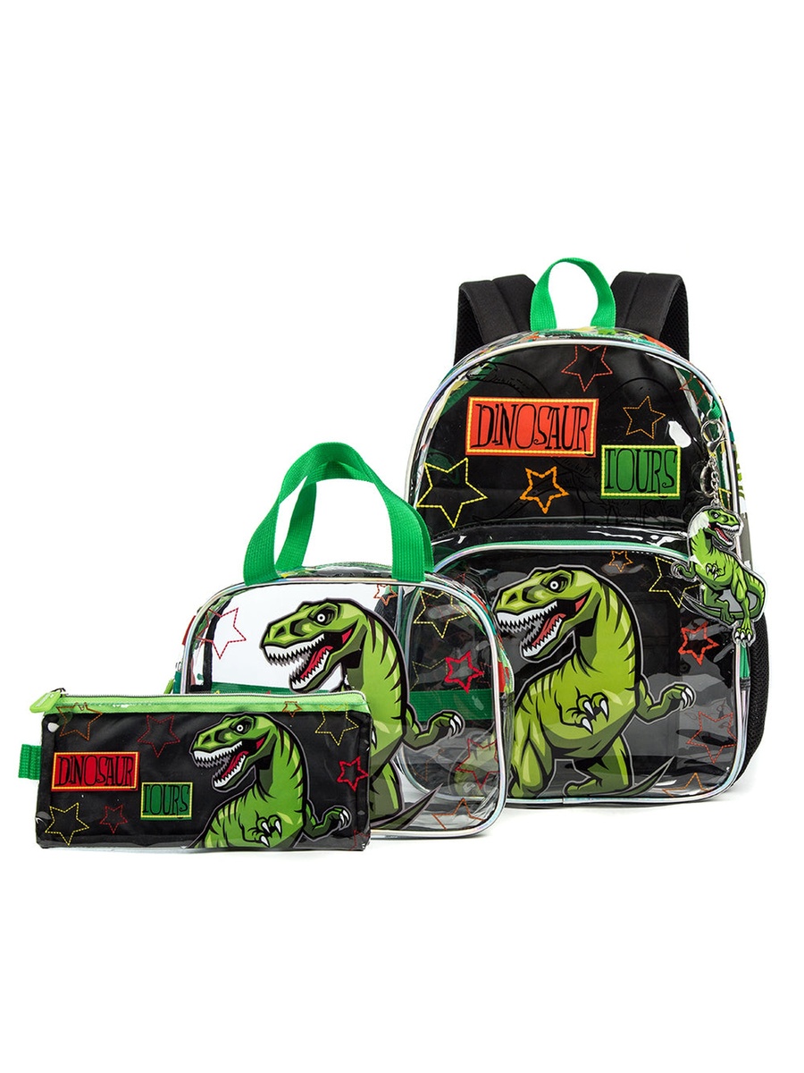 17-Inch Set of 3-School Bag with Lunch Bag and Pencil Case Dinosaur - Black