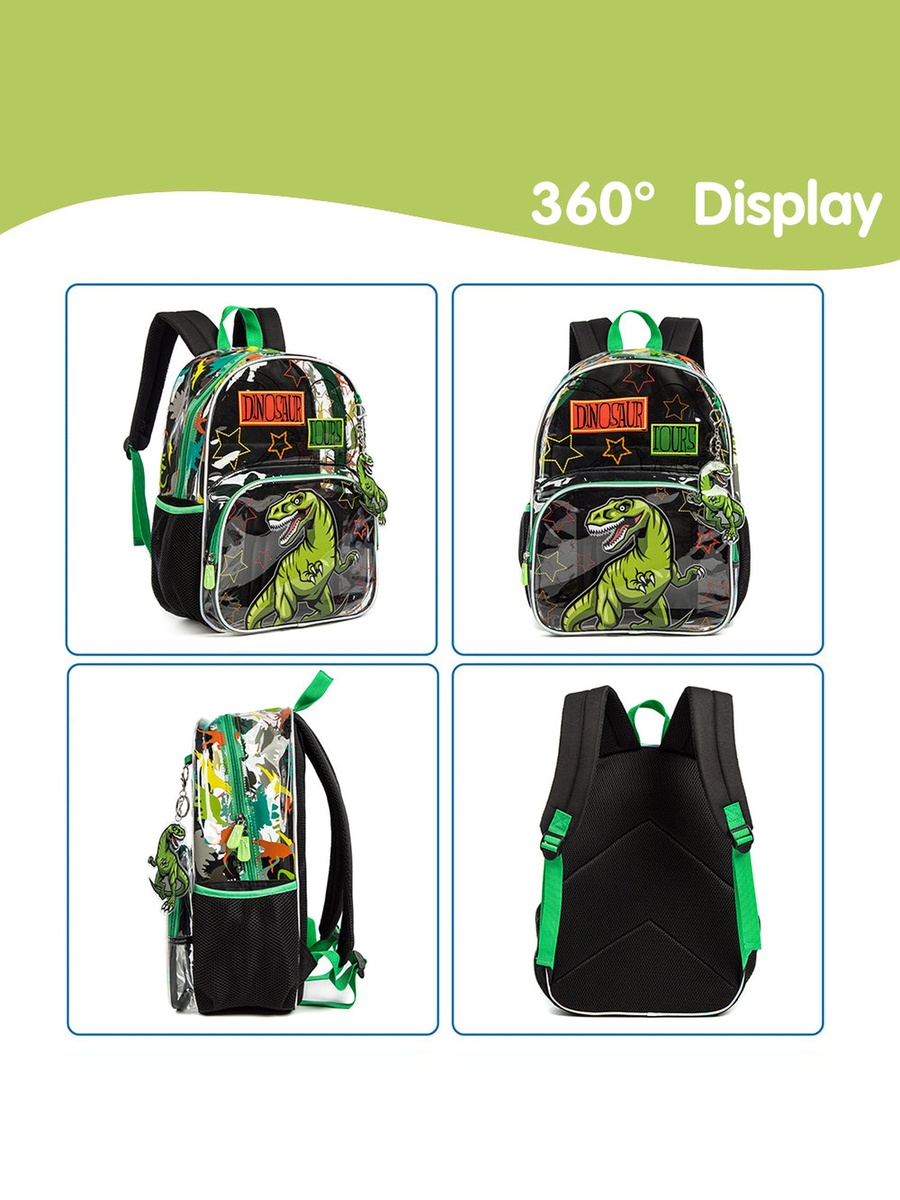 17-Inch Set of 3-School Bag with Lunch Bag and Pencil Case Dinosaur - Black