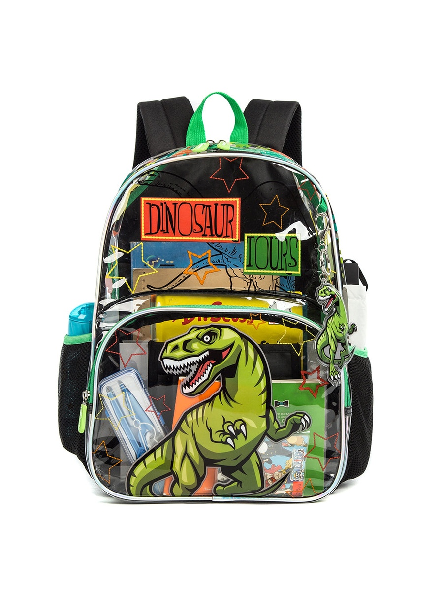 17-Inch Set of 3-School Bag with Lunch Bag and Pencil Case Dinosaur - Black