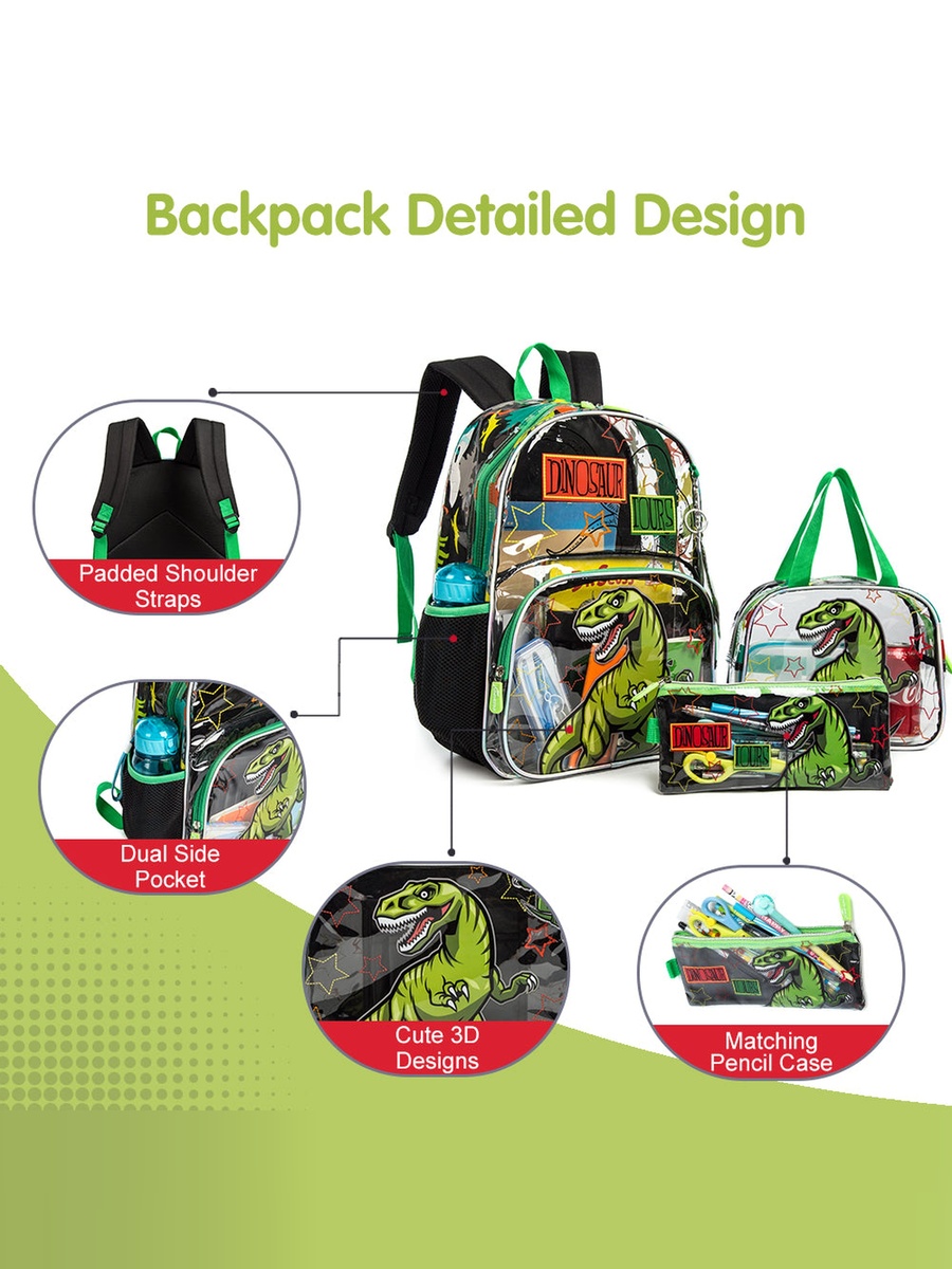 17-Inch Set of 3-School Bag with Lunch Bag and Pencil Case Dinosaur - Black