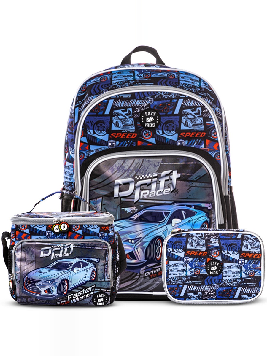 18-Inch Set of 3-Backpack Lunch Bag and Pencil Case - Car Racing
