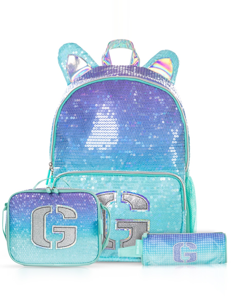 17-inch Set of 3-Backpack, Lunch Bag and Pencil Case - Girl Glitter Green