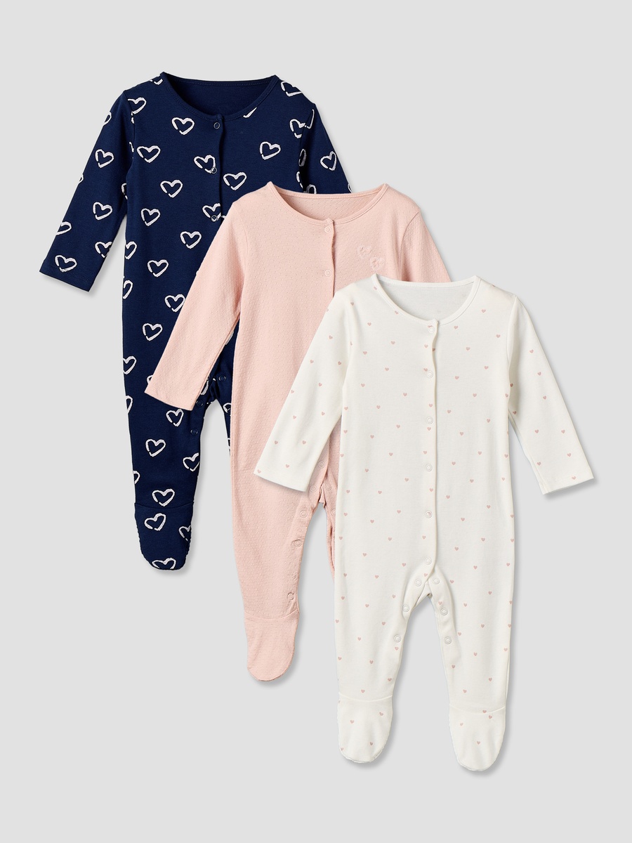 Pack of 3 Cotton Crew Neck Long Sleeve Sleepsuit with Snap Button Closure