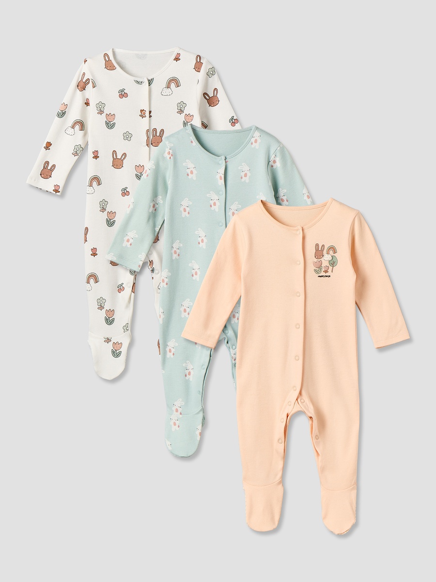 Pack of 3 Cotton Crew Neck Long Sleeve Sleepsuit with Bunny Print