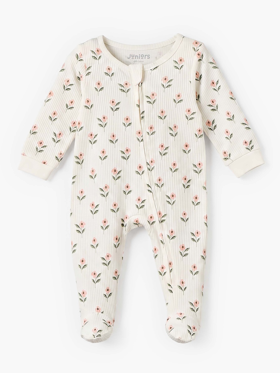 Cotton Round Neck Long Sleeves Sleepsuit with Floral Print