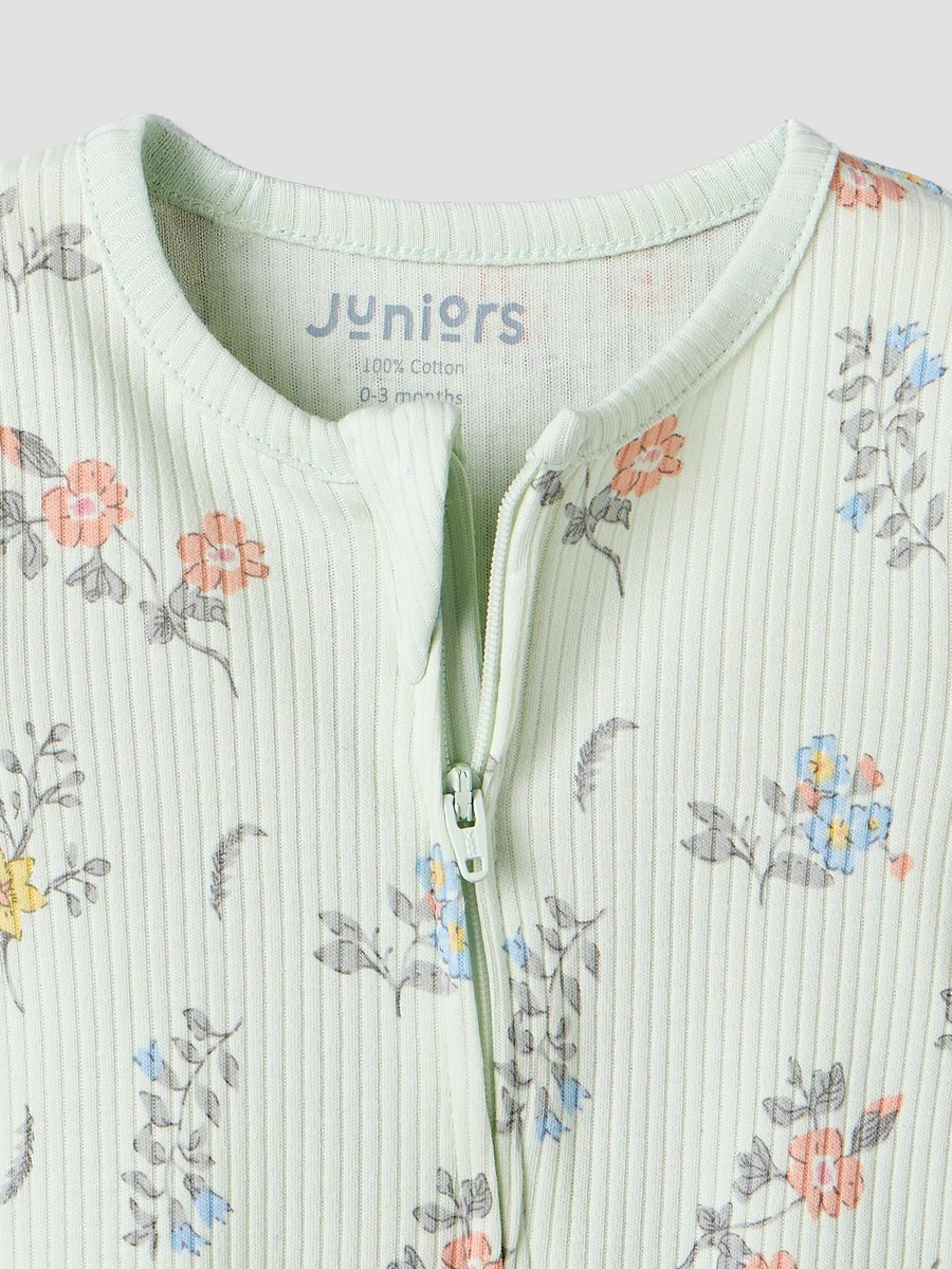 Cotton Crew Neck Long Sleeves Sleepsuit with Floral Print