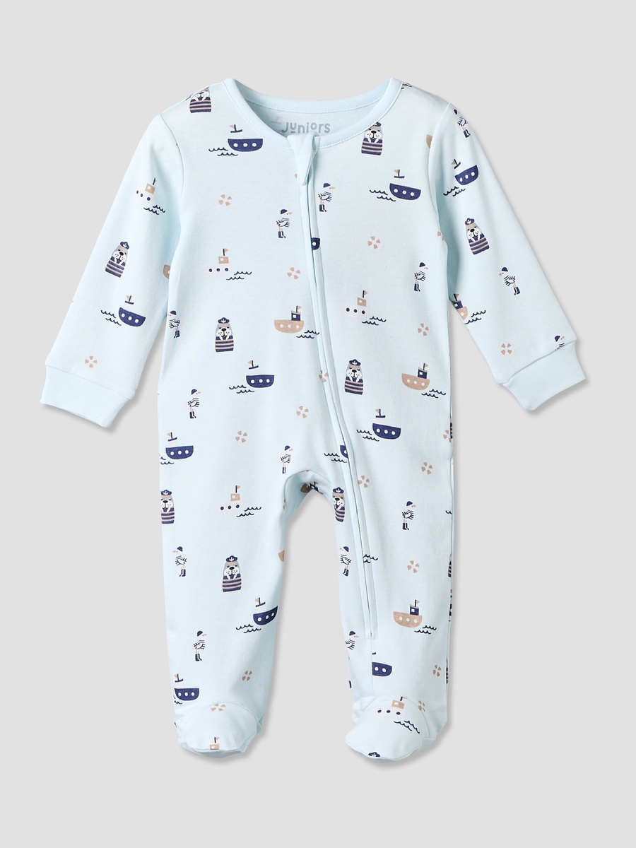 Cotton Crew Neck Long Sleeves Sleepsuit with Nautical Print