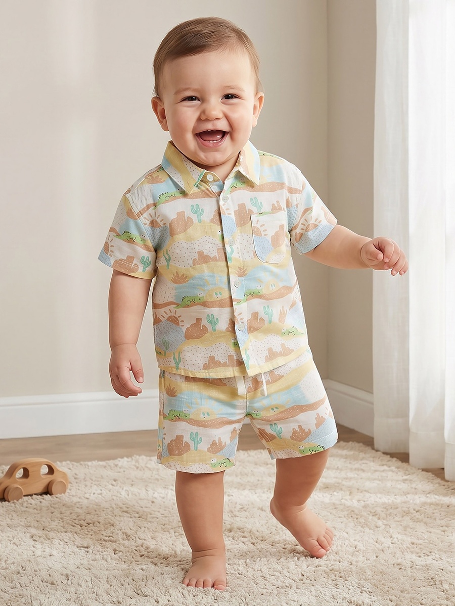 Collared Short Sleeves Shirt and Shorts Set with Desert Print