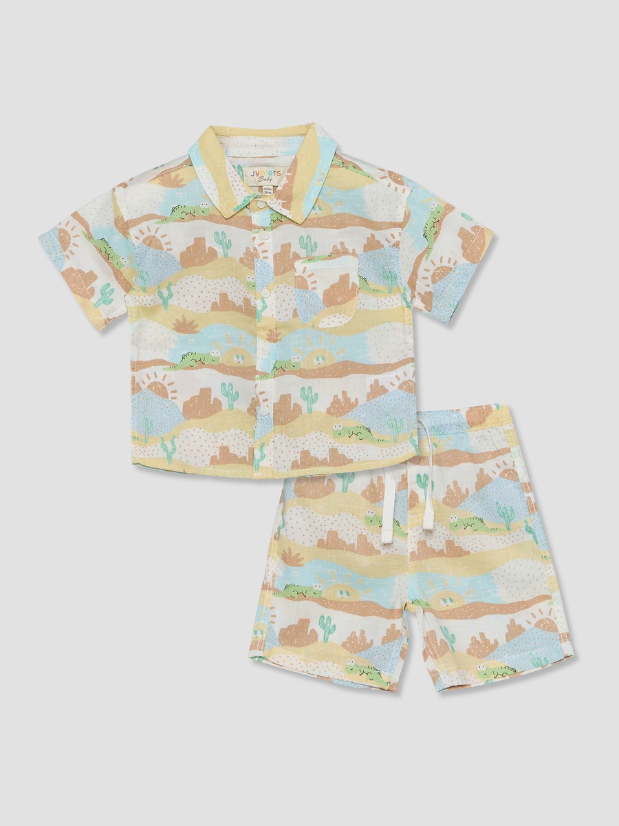Collared Short Sleeves Shirt and Shorts Set with Desert Print