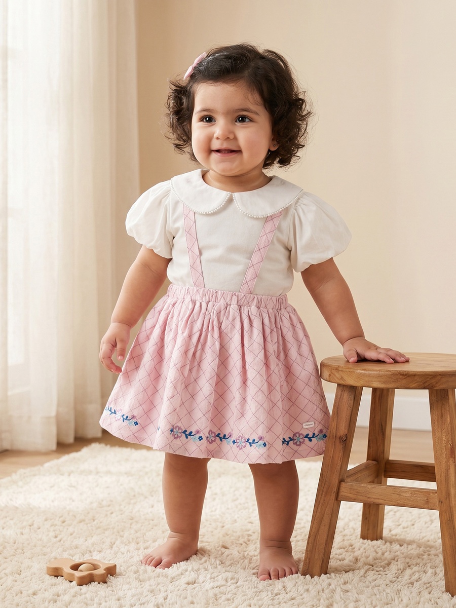 Peter Pan Collar Short Sleeves Top and Pinafore Set with Floral Embroidery