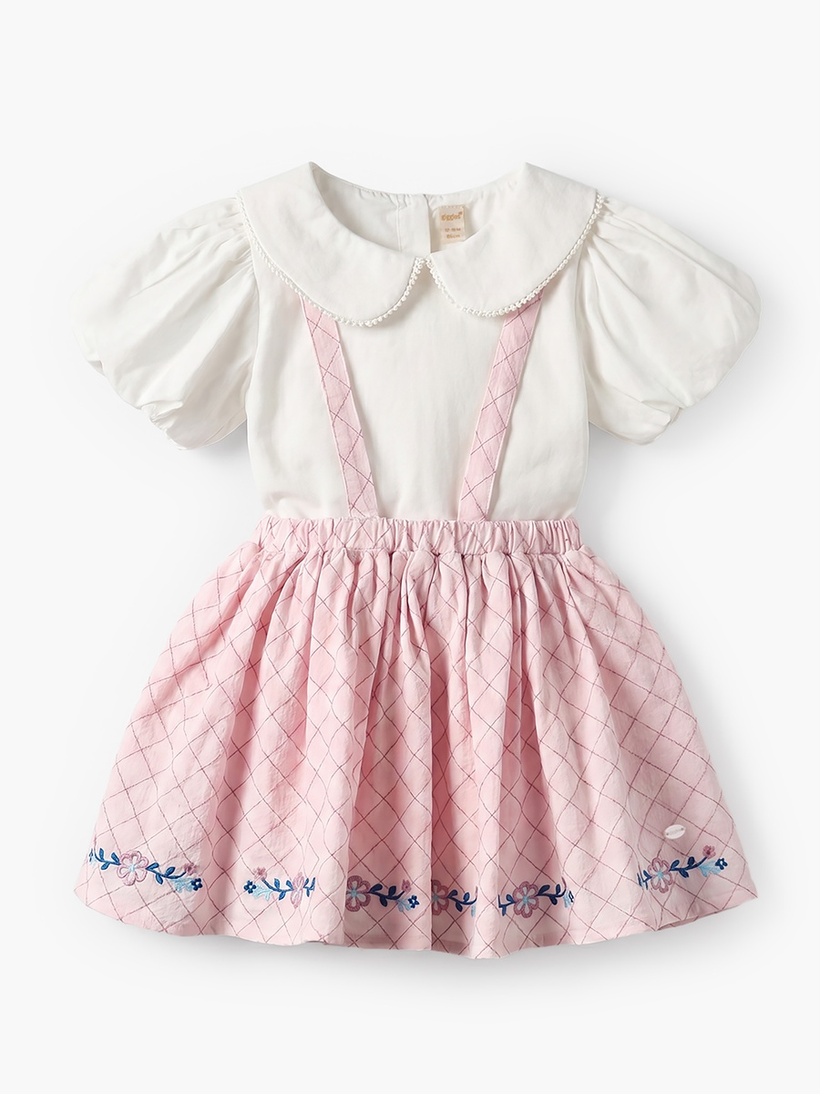 Peter Pan Collar Short Sleeves Top and Pinafore Set with Floral Embroidery
