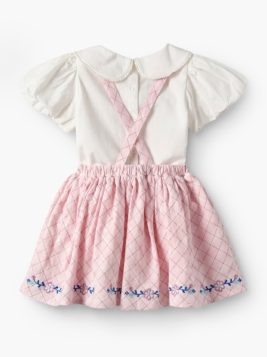 Peter Pan Collar Short Sleeves Top and Pinafore Set with Floral Embroidery