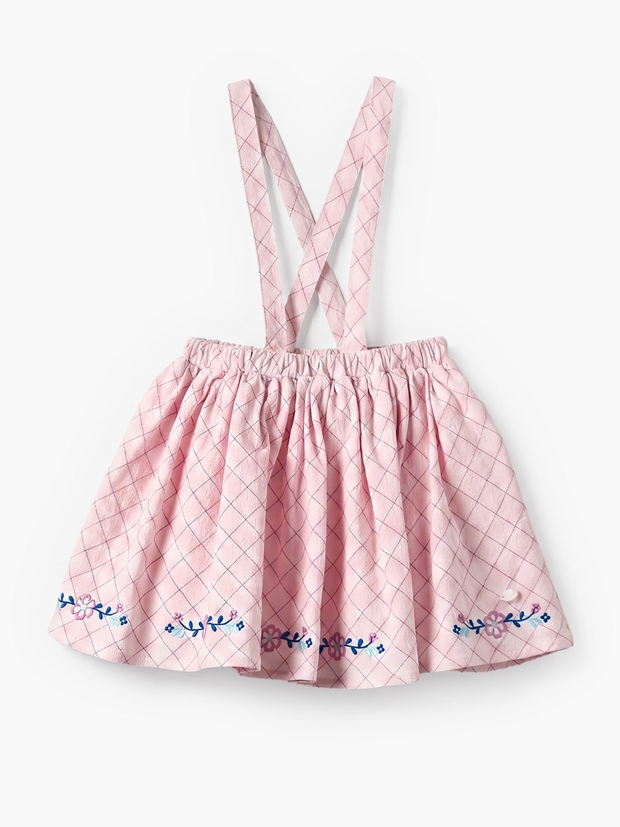 Peter Pan Collar Short Sleeves Top and Pinafore Set with Floral Embroidery