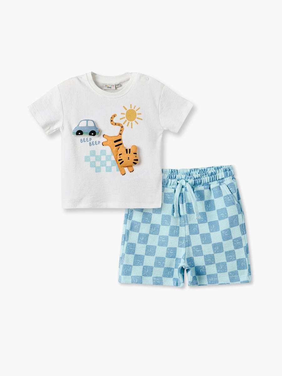 Round Neck Short Sleeves T-Shirt and Shorts Set with Tiger Applique