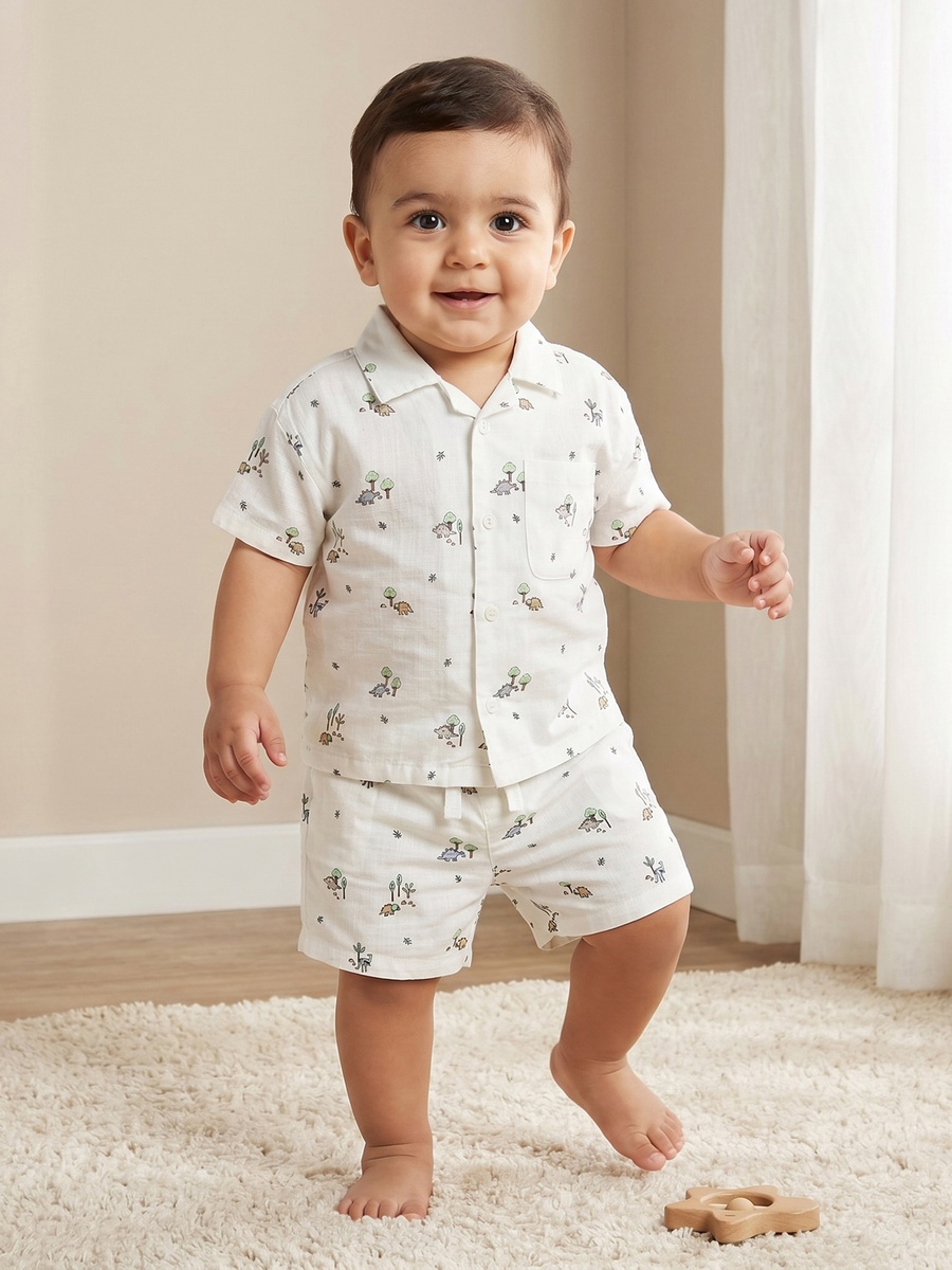Collared Short Sleeves Shirt and Shorts Set with Dinosaur Print