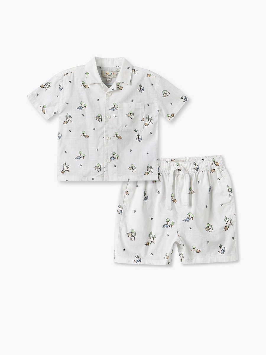Collared Short Sleeves Shirt and Shorts Set with Dinosaur Print