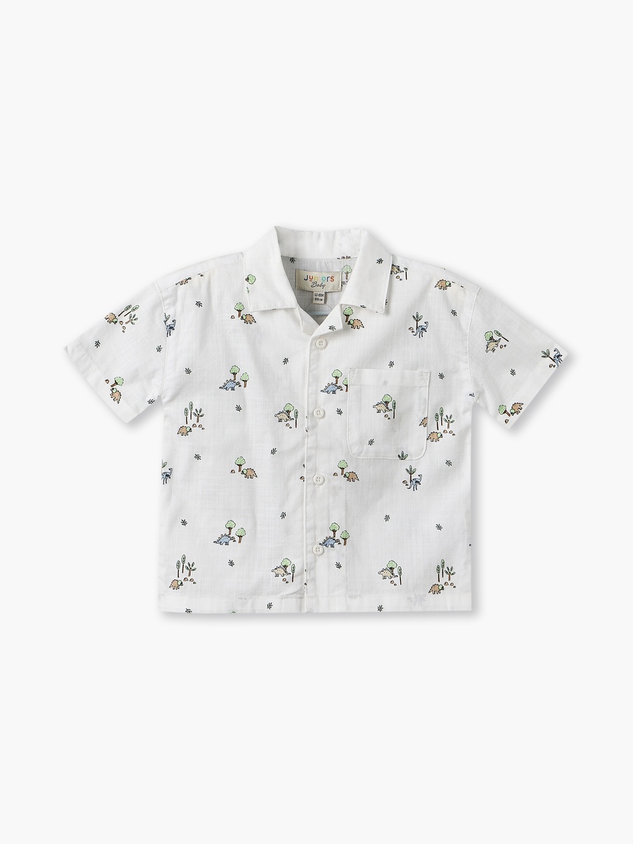 Collared Short Sleeves Shirt and Shorts Set with Dinosaur Print