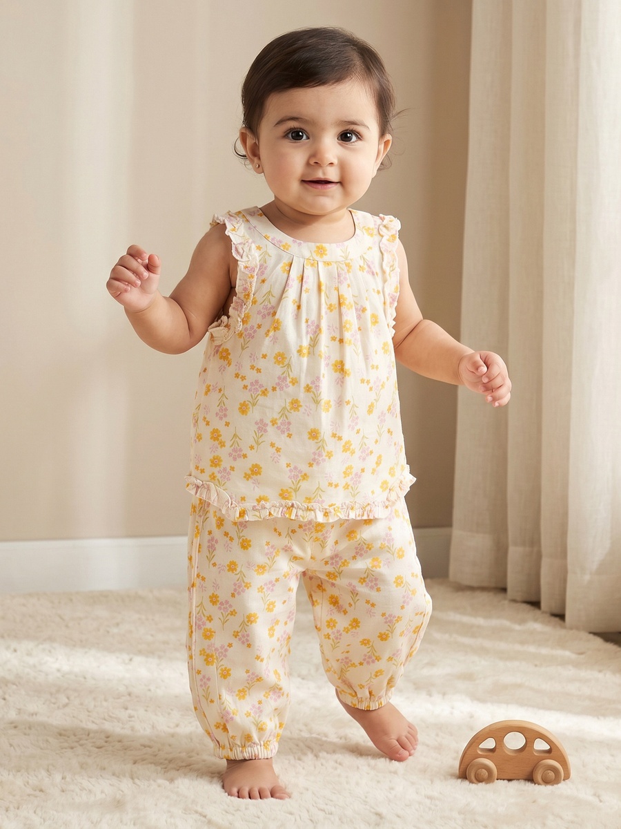 Round Neck Sleeveless Top and Pants Set with Floral Print