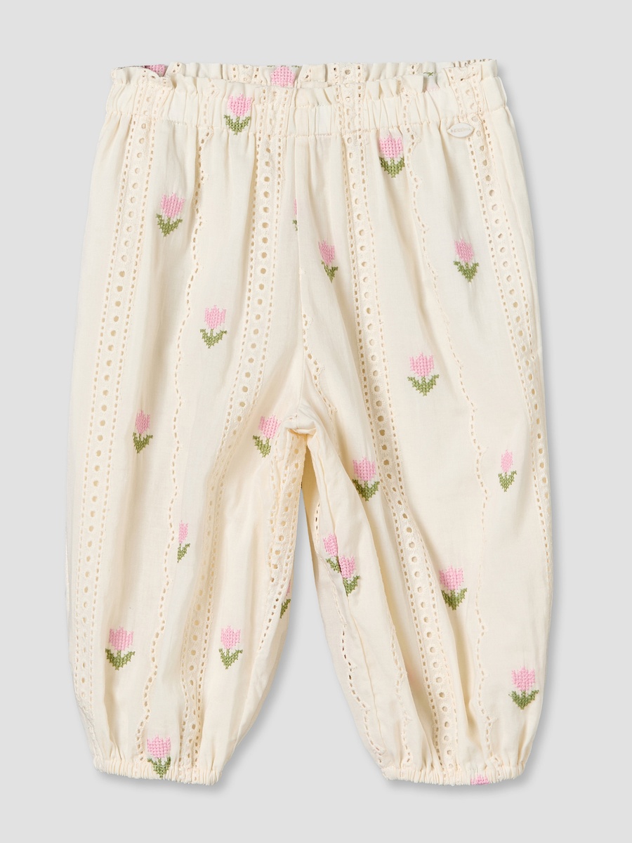 Round Neck Short Sleeves Top and Pants Set with Floral Embroidery