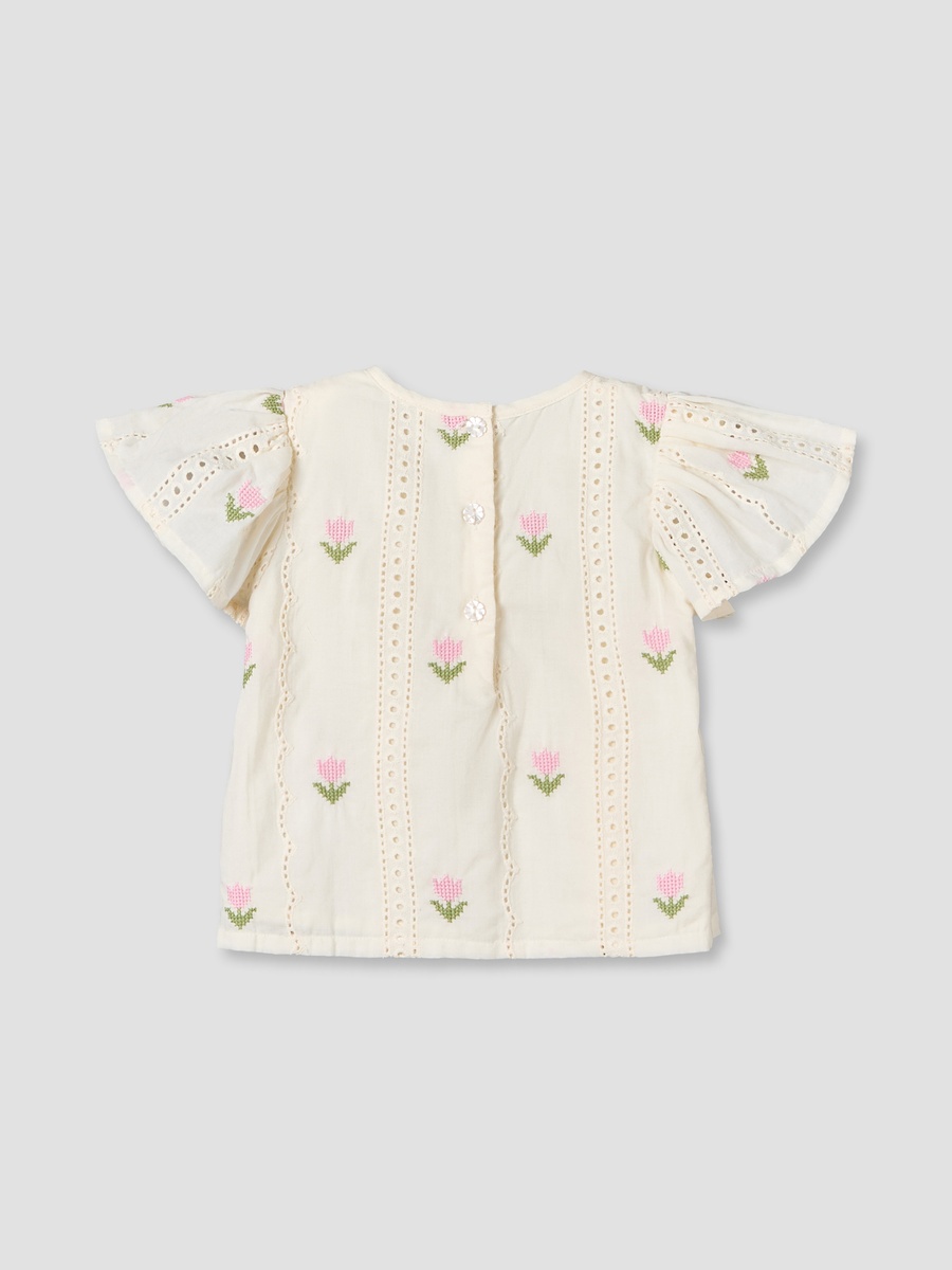 Round Neck Short Sleeves Top and Pants Set with Floral Embroidery
