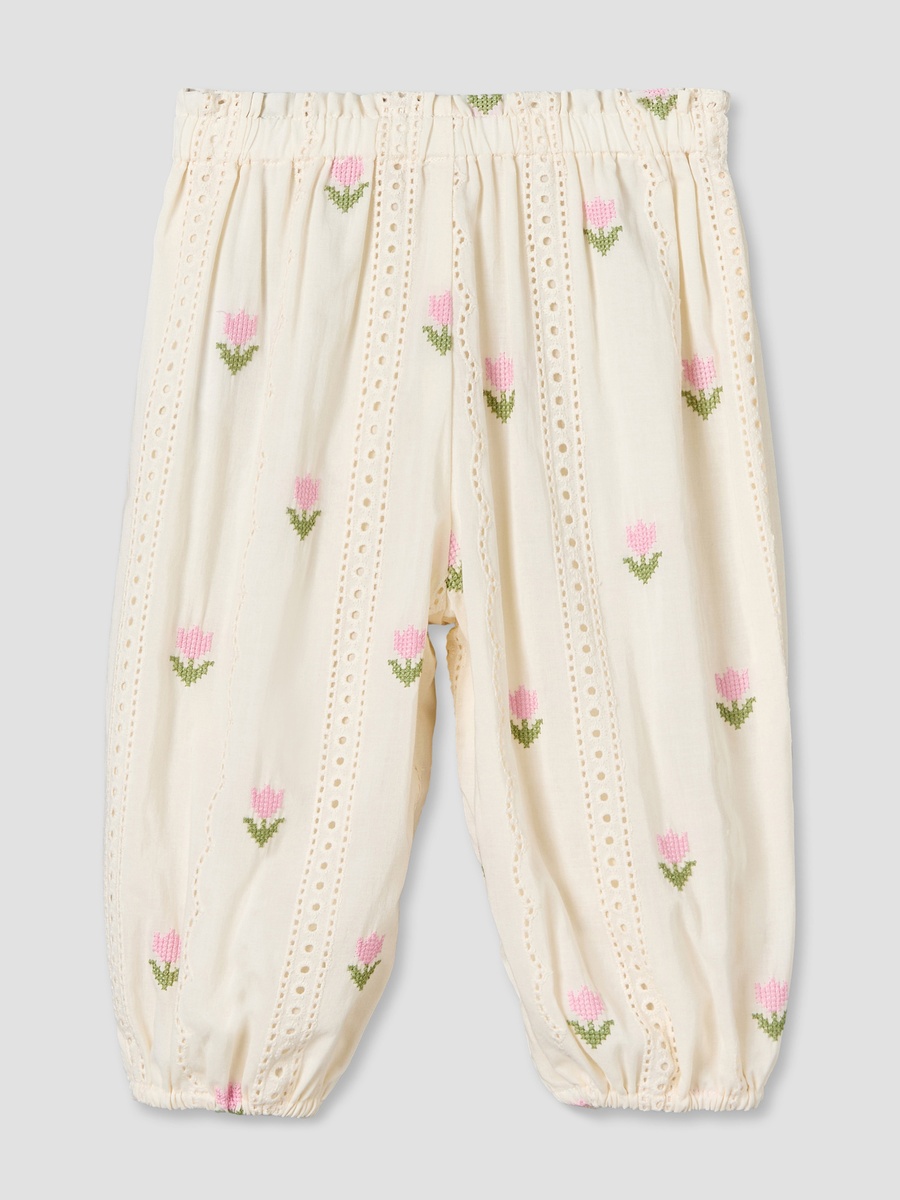 Round Neck Short Sleeves Top and Pants Set with Floral Embroidery