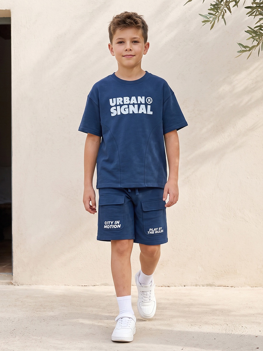 Crew Neck Short Sleeves T-Shirt and Shorts Set with Typographic Print