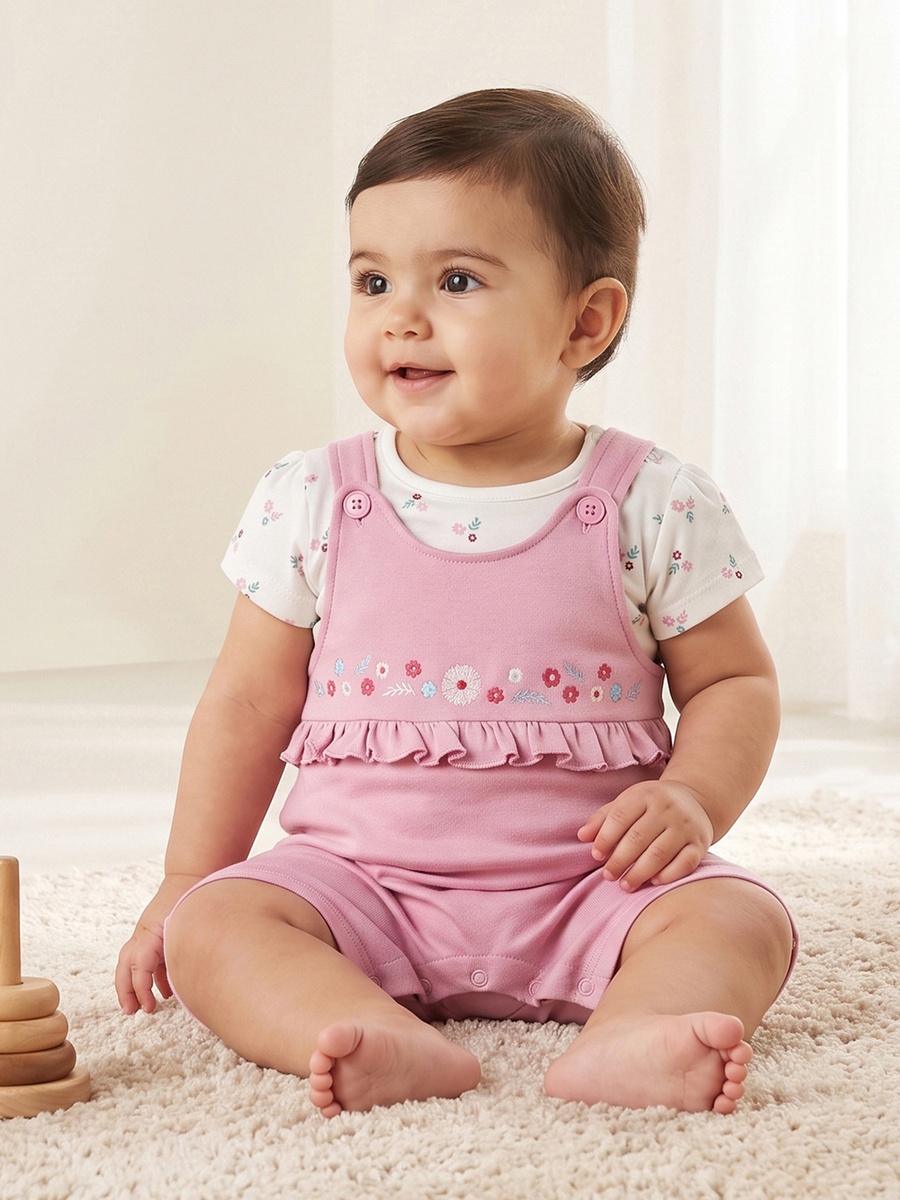 Round Neck Short Sleeves T-Shirt and Dungaree Set with Floral Print