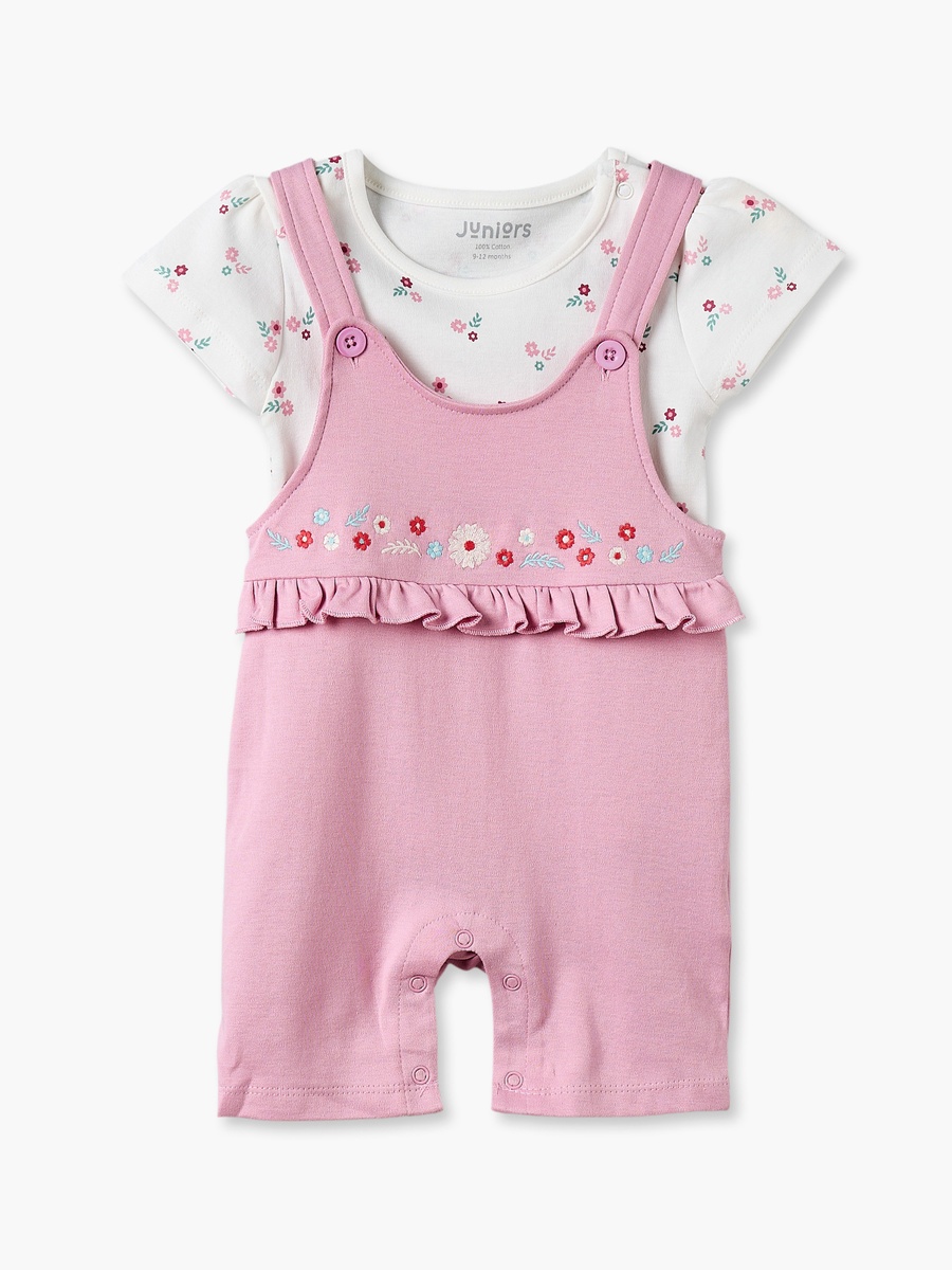 Round Neck Short Sleeves T-Shirt and Dungaree Set with Floral Print