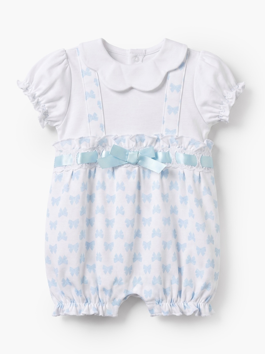 Collared Short Sleeves Romper with Bow Print