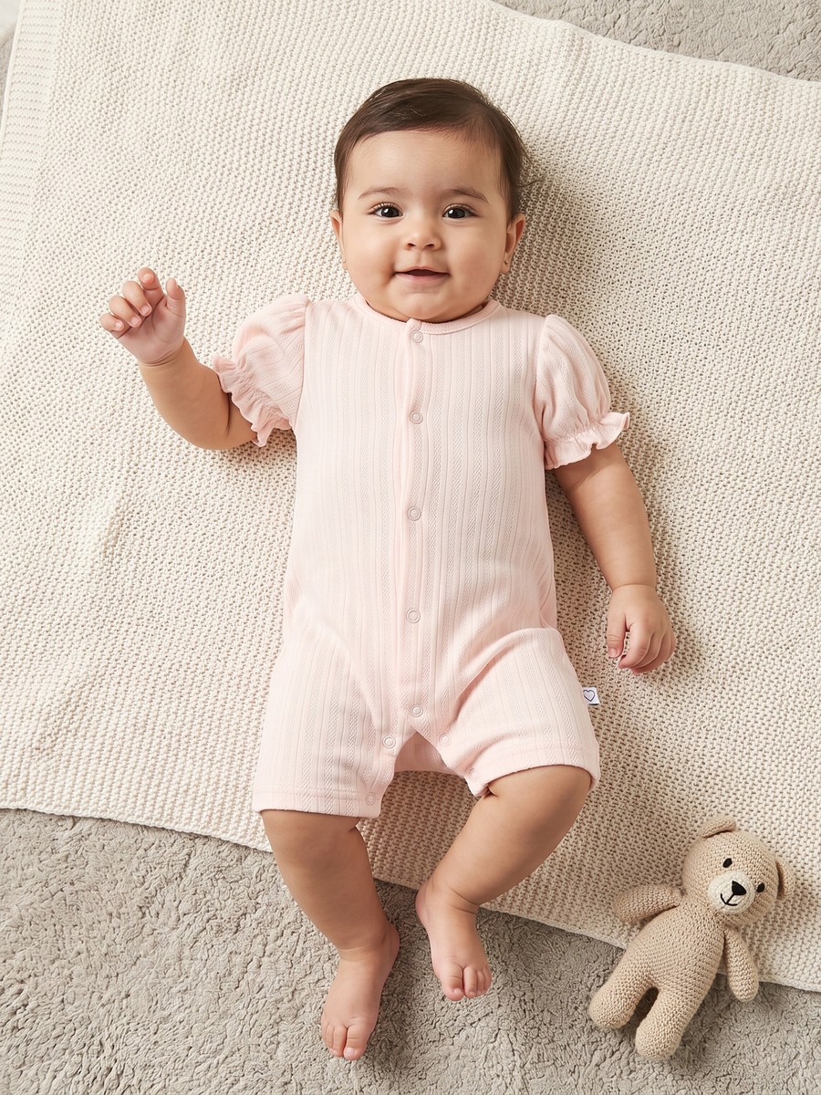 Crew Neck Short Sleeves Romper with Snap Button Closure