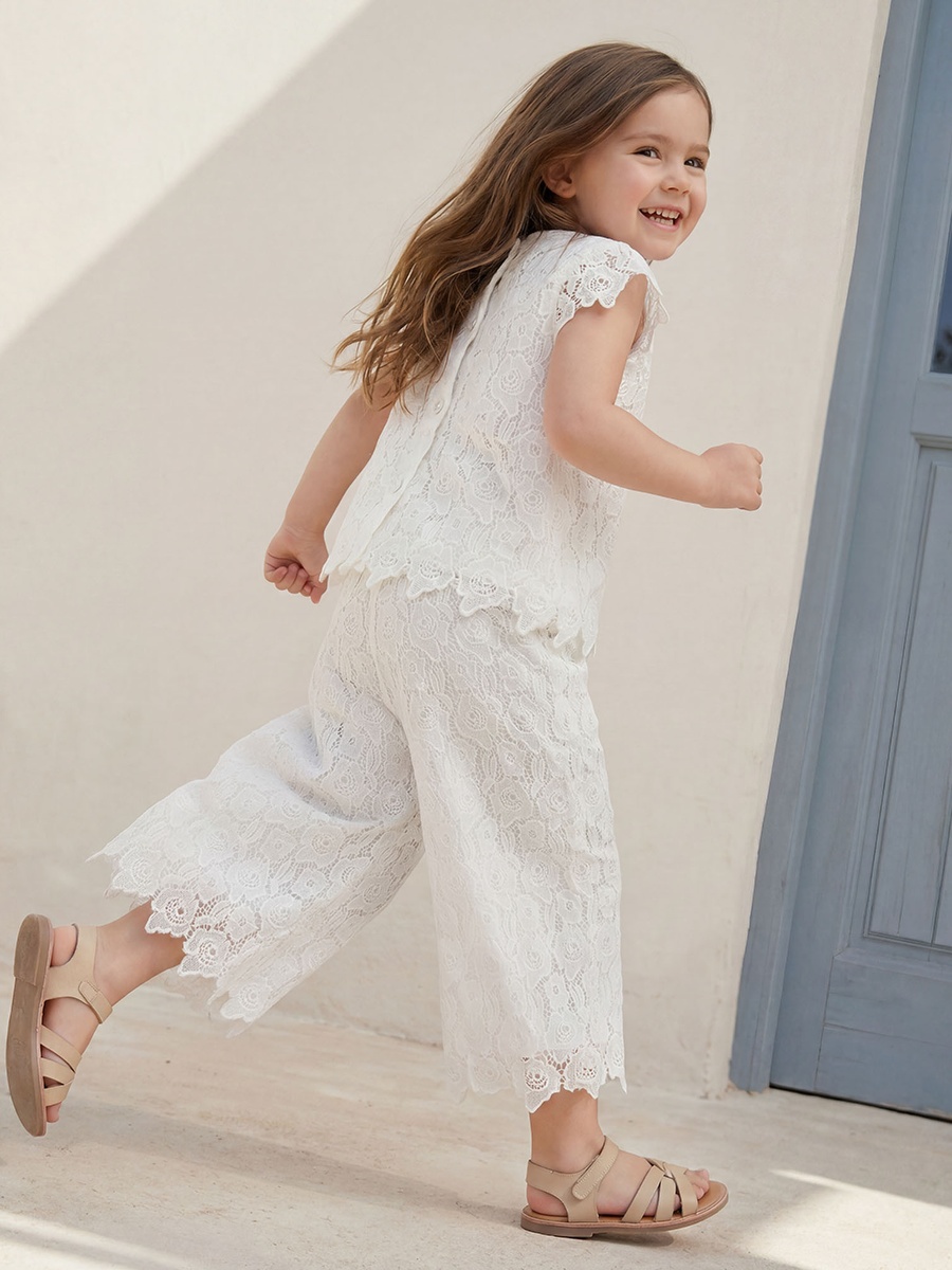 Wide Leg Pants with Lace Embroidery and Elasticated Waist