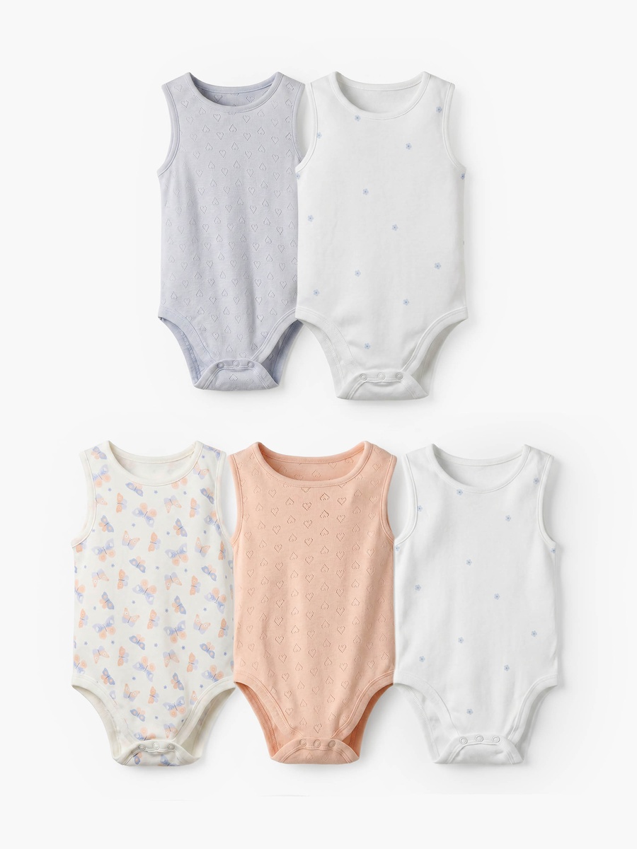 Pack of 5 Cotton Round Neck Sleeveless Bodysuit with Print
