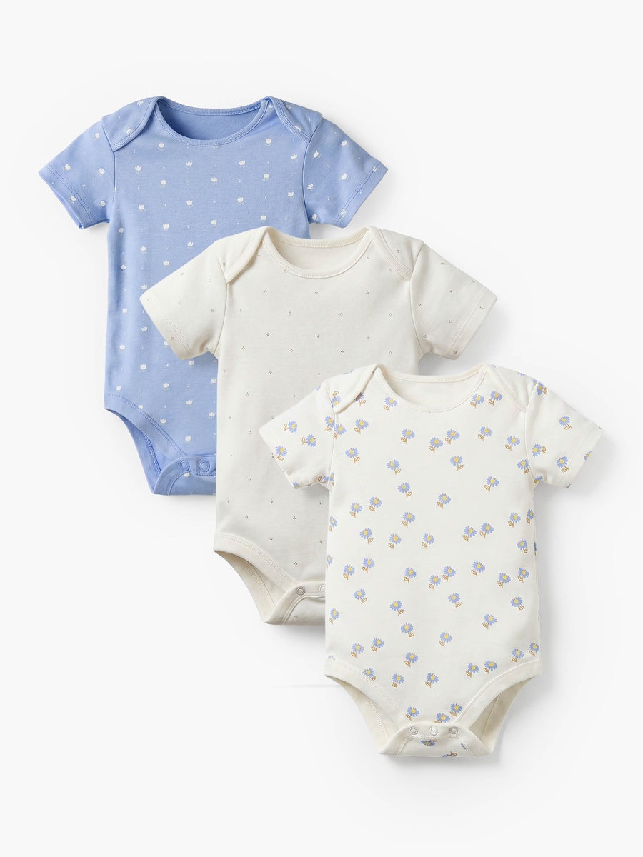 Pack of 3 Cotton Crew Neck Short Sleeves Bodysuit with Floral Print
