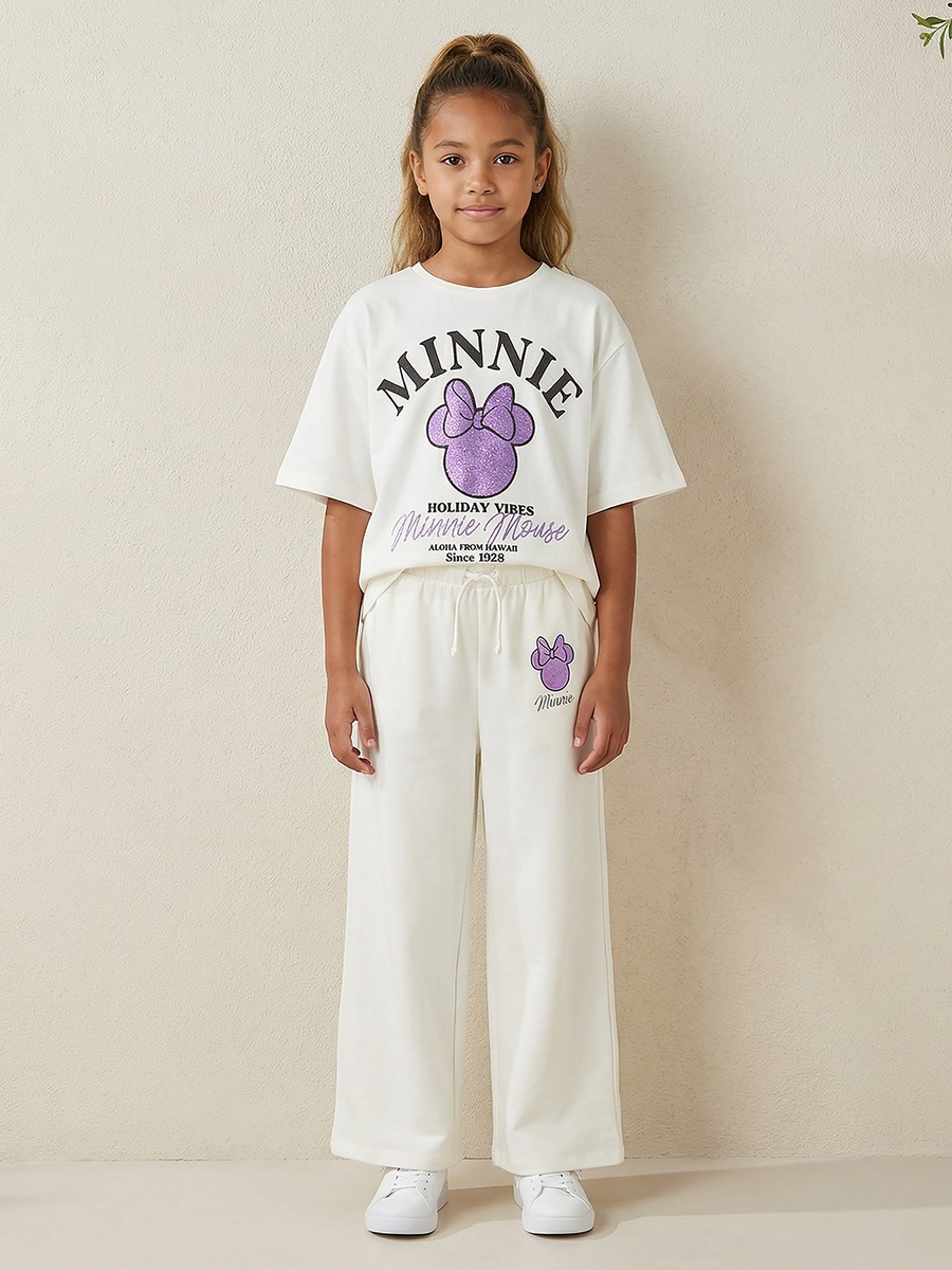 Elasticated Drawstring Waist Track Pants with Minnie Mouse Print