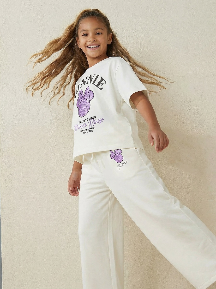 Elasticated Drawstring Waist Track Pants with Minnie Mouse Print
