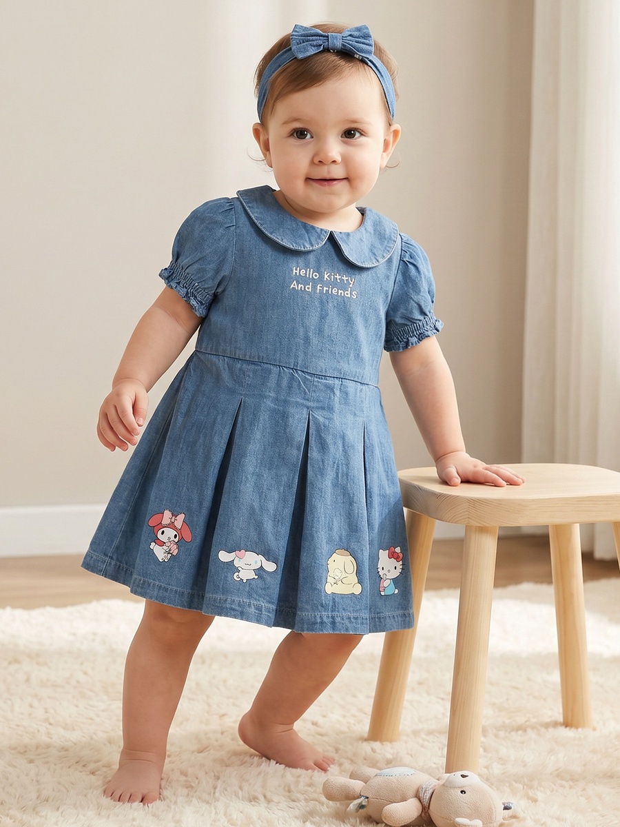 Peter Pan Collar Short Sleeves Knee Length Denim Dress with Headband