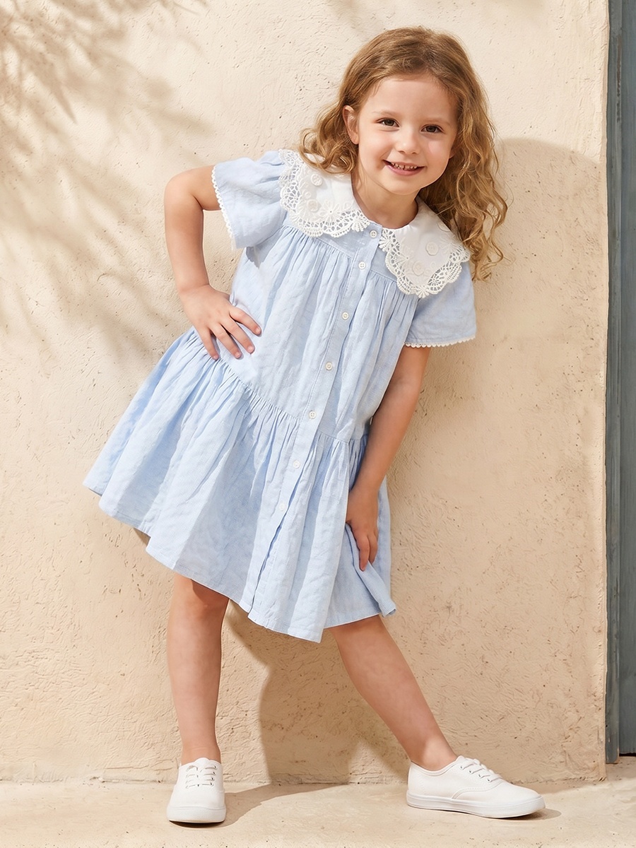 Peter Pan Collar Short Sleeves Knee Length Dress with Lace Trim